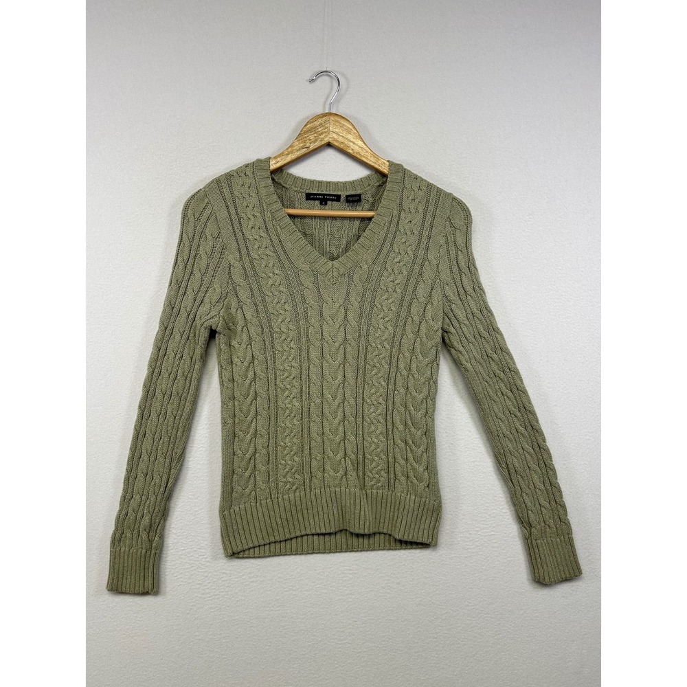 Preppy Jeanne Pierre Womens Small Sage Green Cable Knit V-Neck Cotton Sweater